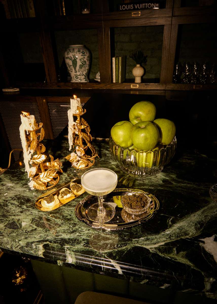 caviar, wine, apple