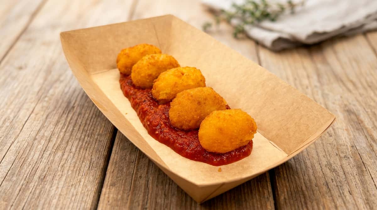 Five golden-fried croquettes served in a line on a bed of red marinara sauce in a disposable paper tray.
