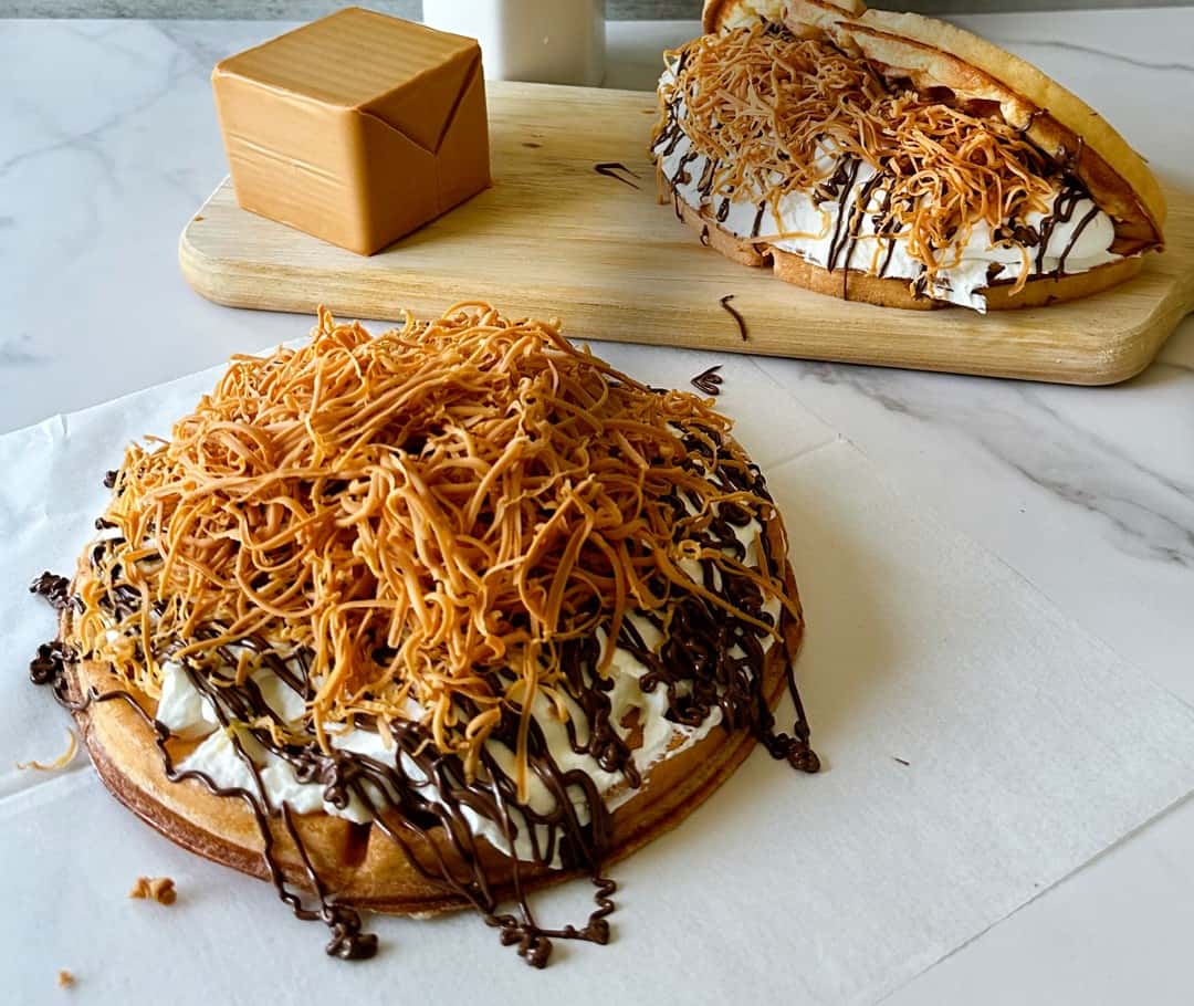 Creme Brulee Waffle toppings with sweet savory brown cheese