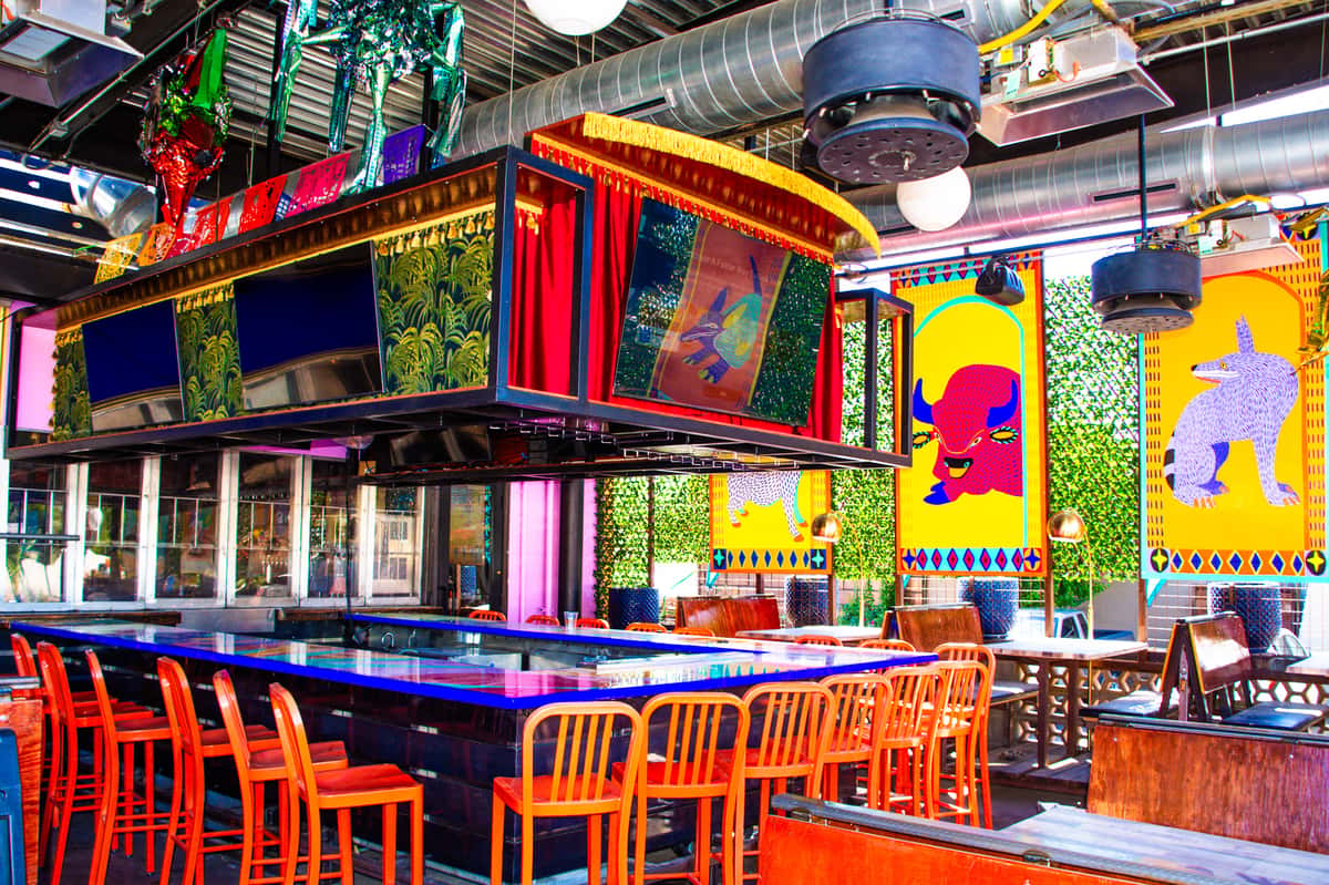 Outdoor vibrant restaurant patio at Funky Frida's Mexican cantina in Arcadia. Phoenix, AZ