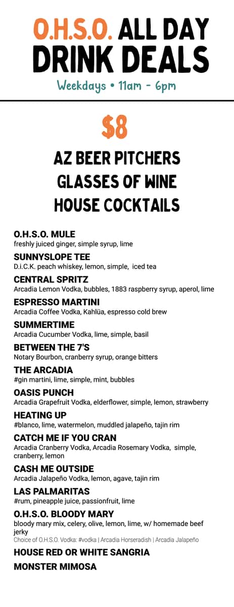 O.H.S.O. Sunnyslope Happy Hour Menu