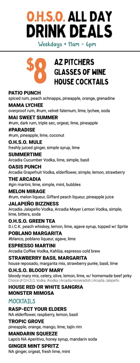 O.H.S.O. Happy Hour Menu