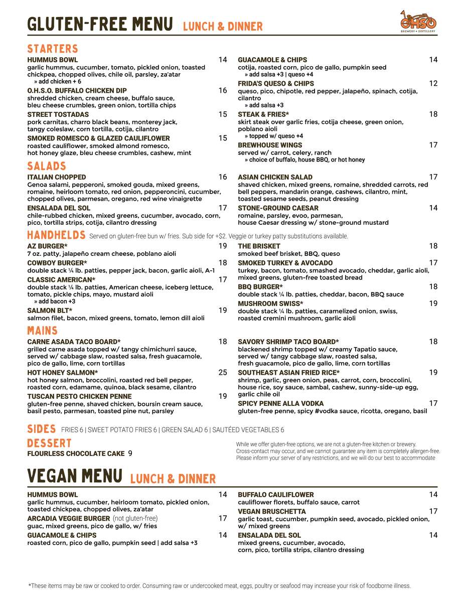 OHSO Gluten Free Vegan Menu 2026