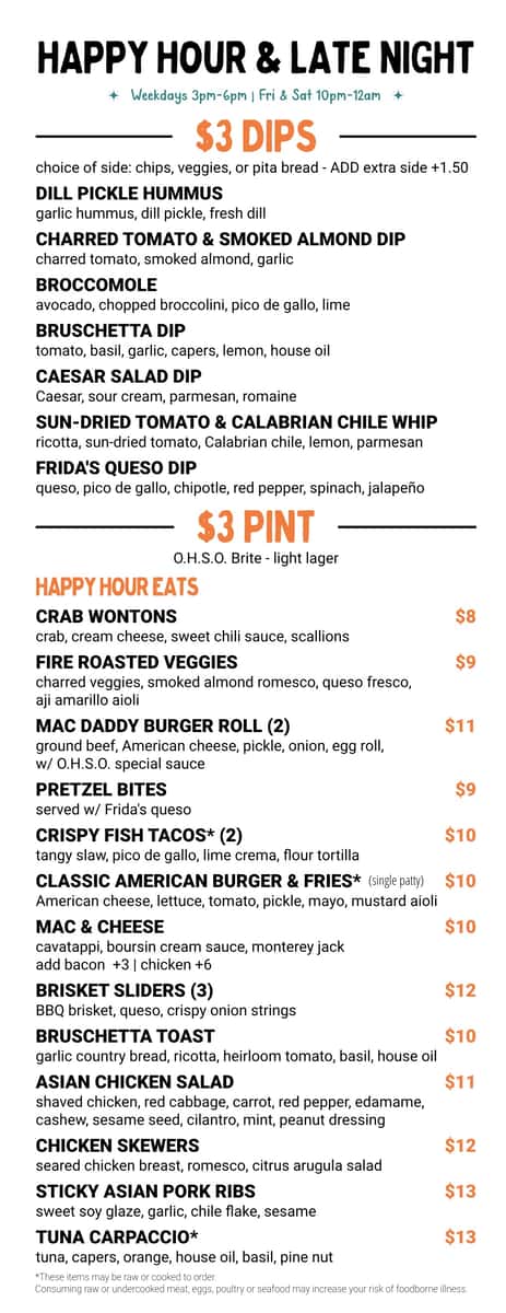 O.H.S.O. Happy Hour Menu