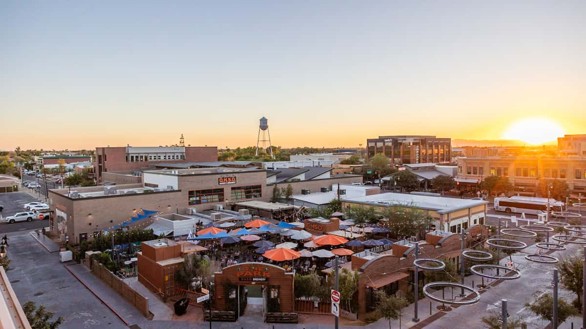 Aerial view of O.H.S.O. Gilbert and The Park at sunset