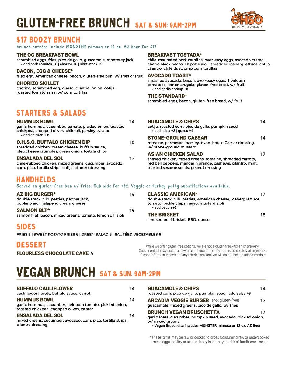 OHSO Gluten Free Vegan Brunch Menu 2026