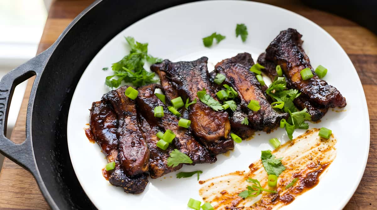 BBQ mushroom ribs on a white plate, garnished with chopped green onions and cilantro.