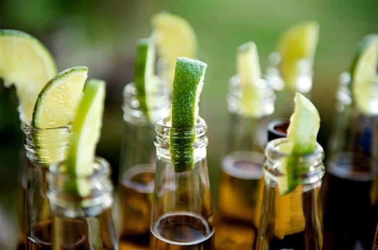Beer bottles with lime