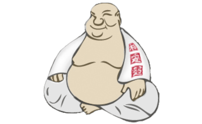 Meditating buddha with Peace Love Noodles on white robe sleeve