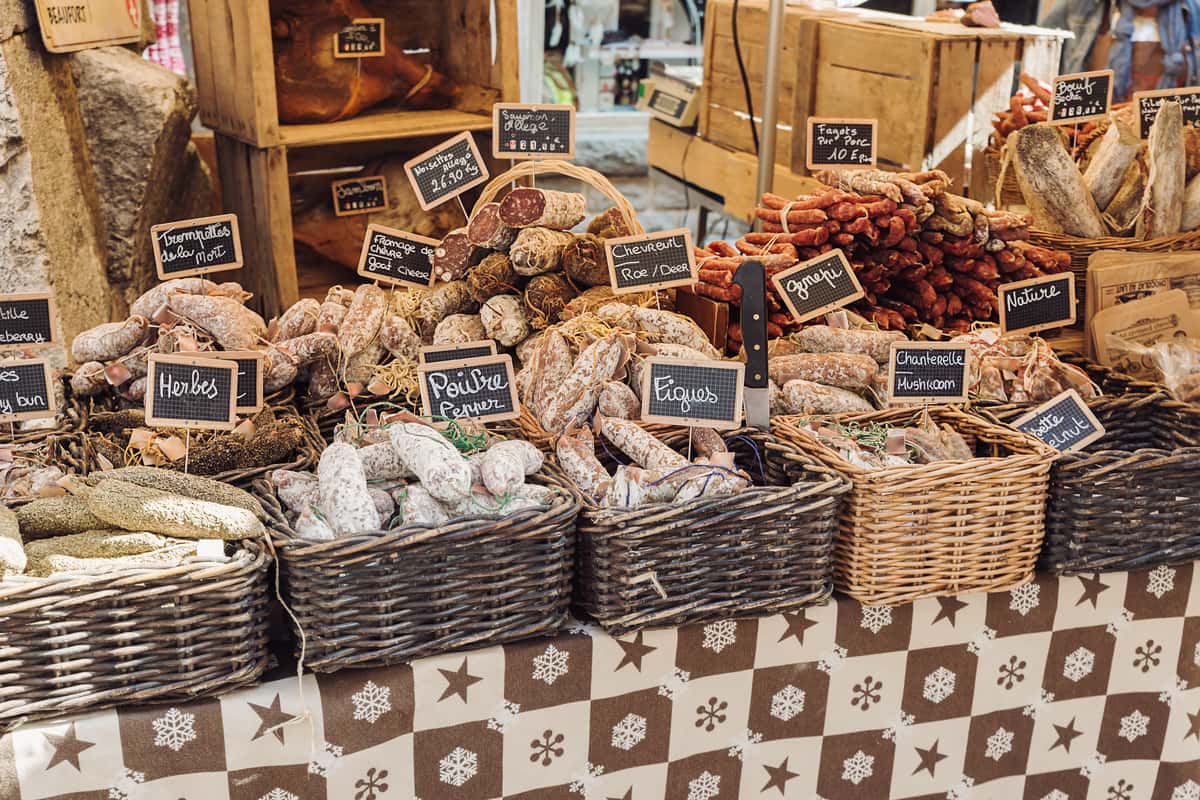 French breads in local farmer's market, with wicker baskets