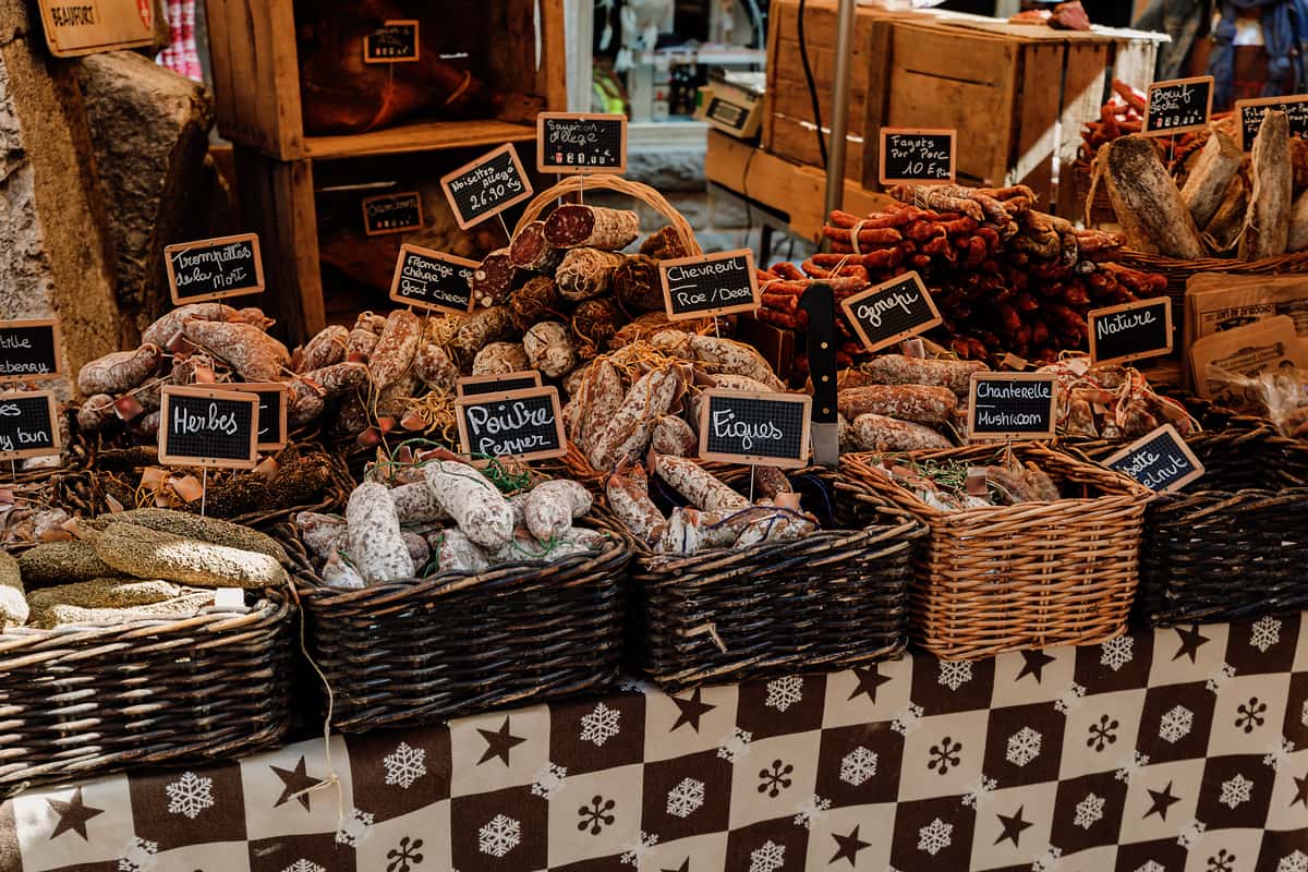 French Breads in local farmer's market with wicker baskets