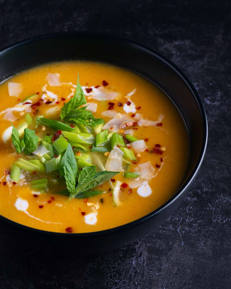 Pumpkin Ginger Soup with Coconut Milk and Mint