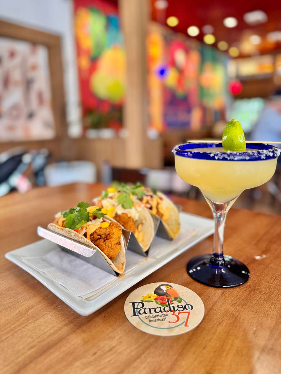 Crispy Battered Fish Topped with Sweet Chili Aioli, Mango Salsa and Creamy Coleslaw, Served with Flour Tortillas