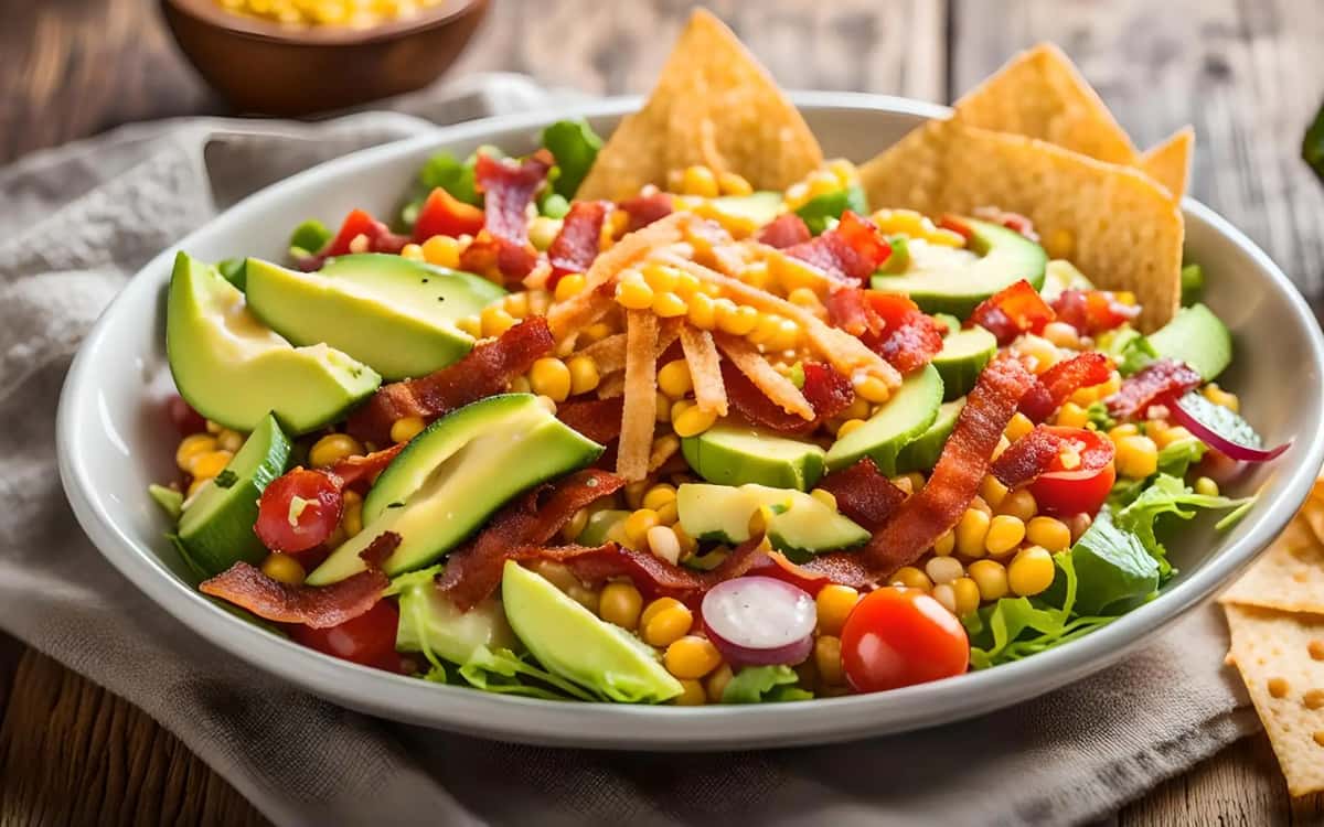 Southwest salad with avocado, corn, cherry tomatoes, bacon, tortilla strips, and red onion on a bed of fresh greens.