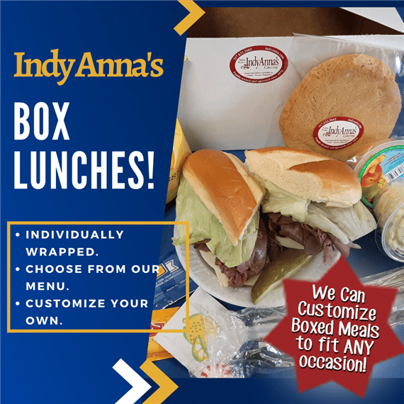 Box lunches. Individually wrapped. Choose from our menu. Customize your own. We can customize boxed meals to fit any occasion