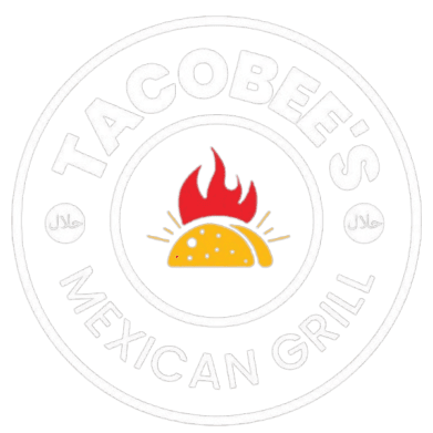 Tacobee's Mexican Grill circular logo featuring a taco with flame icon and bold black and white branding