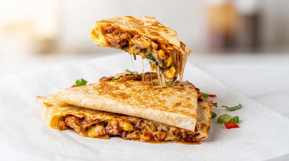 Hand in black glove holding a quesadilla slice with melted cheese, chicken, and corn, stretching from two other slices.