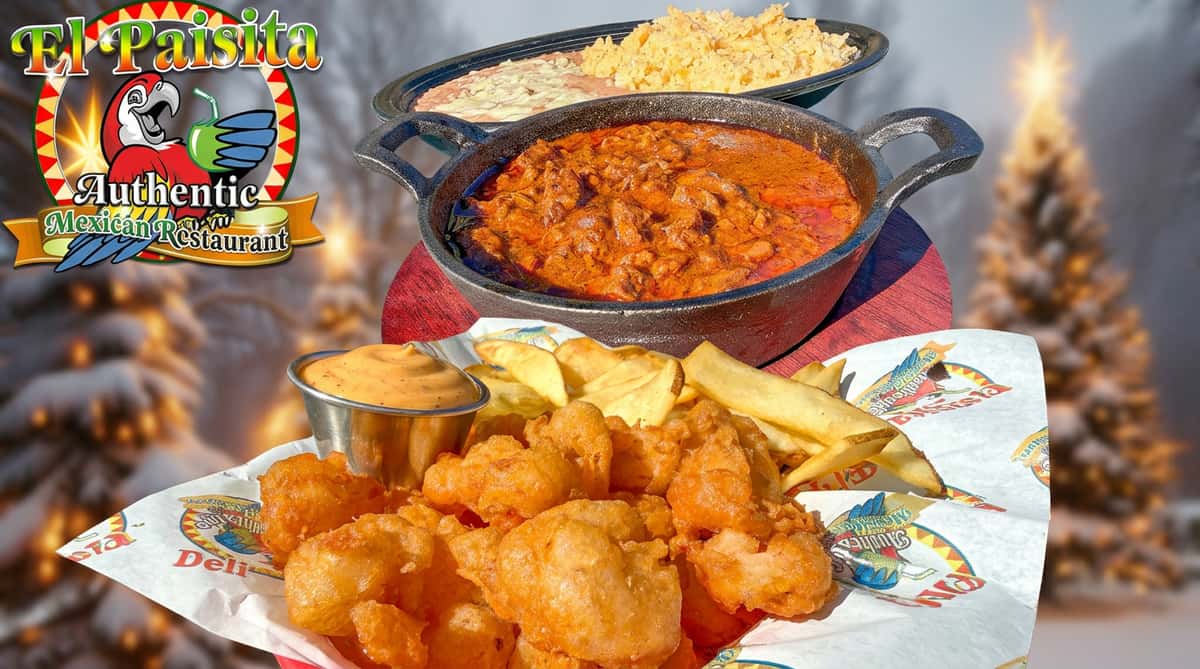 Fried shrimp and fries with sauce, alongside a bowl of rice, beans, and carne guisada in a skillet.