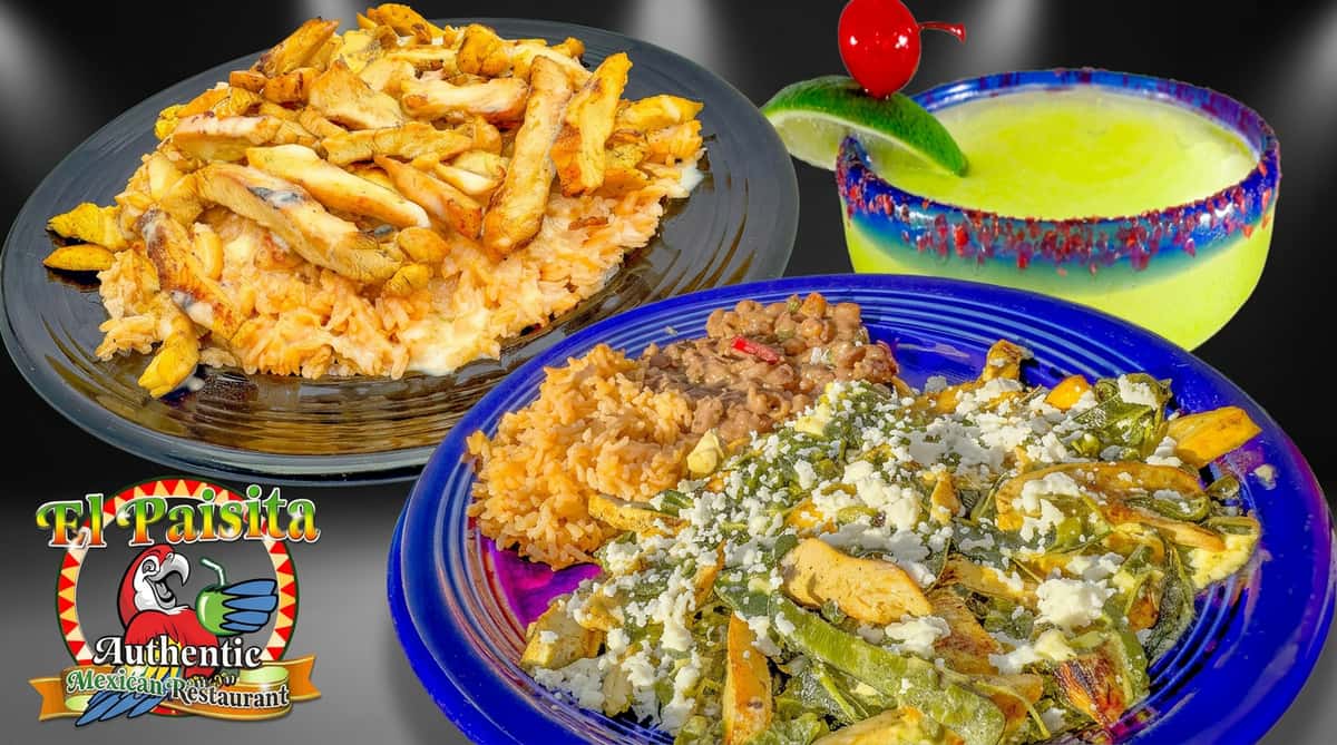 Two Mexican dishes: chicken with rice on a black plate, and a blue plate with rice, beans, and vegetables with cheese. A margarita is in the background.