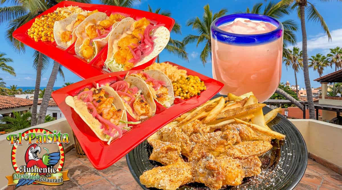 Two platters of tacos, wings, and fries. Tacos have shrimp, pickled onions. Wings are coated with sauce and cheese.