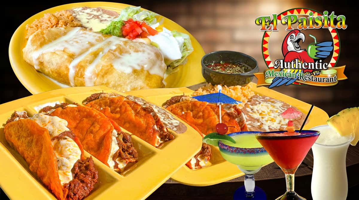 Mexican food platter with a burrito, tacos, rice, beans, drinks, and the "El Paisita Mexican Restaurant" logo.