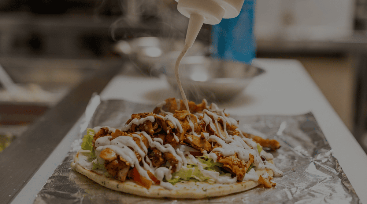 Freshly prepared Turkish döner kebab on warm flatbread topped with crisp salad and creamy garlic sauce, served at Adda Döner Turkish Street Food.