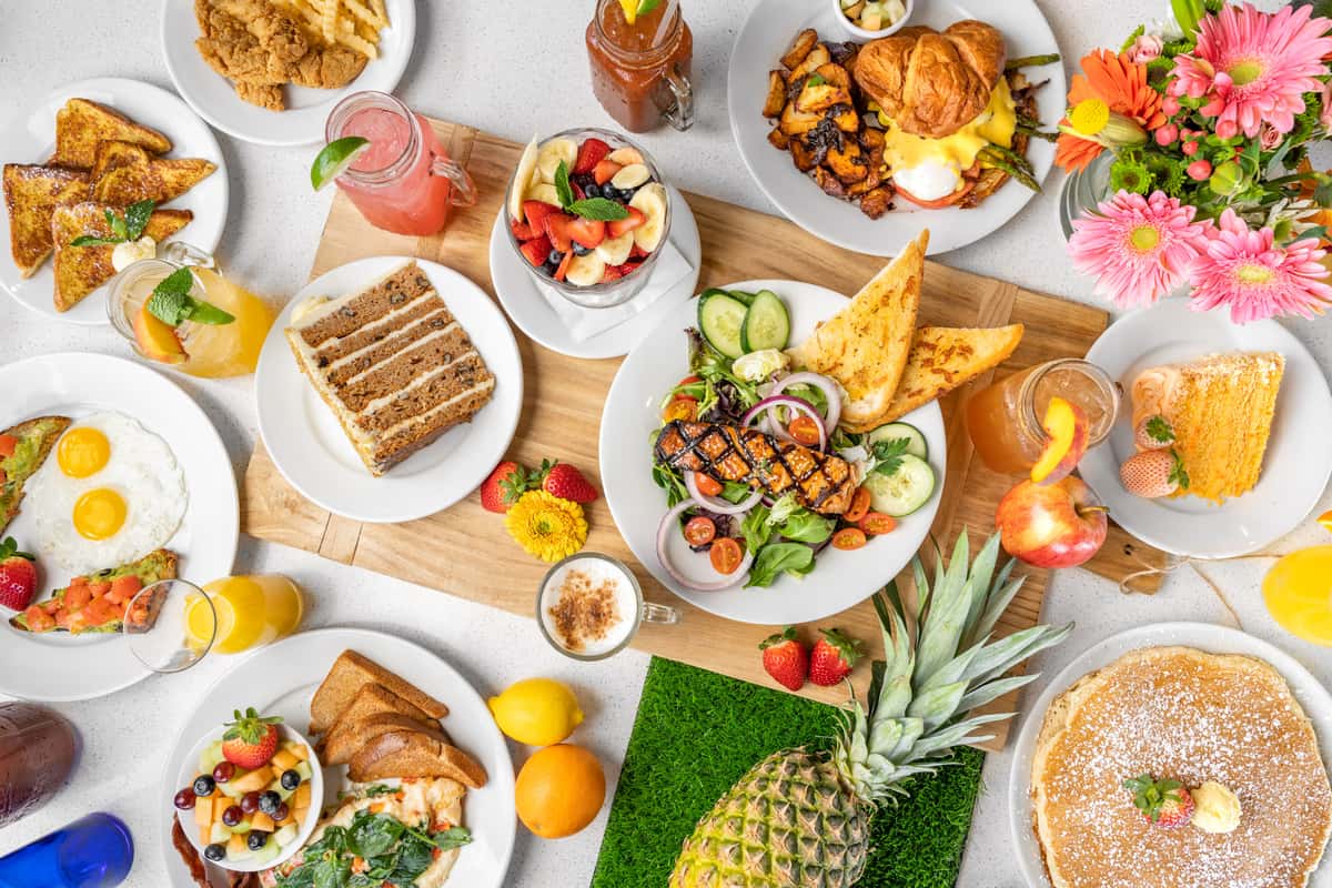 A variety of food and beverages on a table