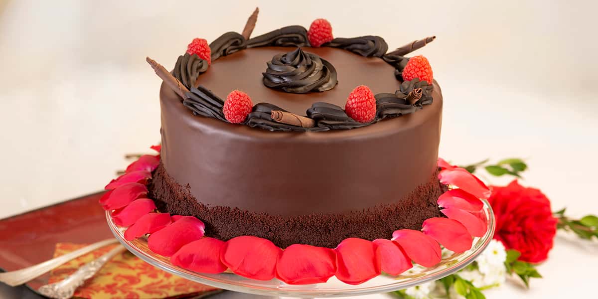 Dairy-free Vegan whole Chocolate Cake decorated with dark chocolate icing interspersed with red raspberry and chocolate rolled sticks sitting on a raised pedestal glass dish rimmed by red rose petals.