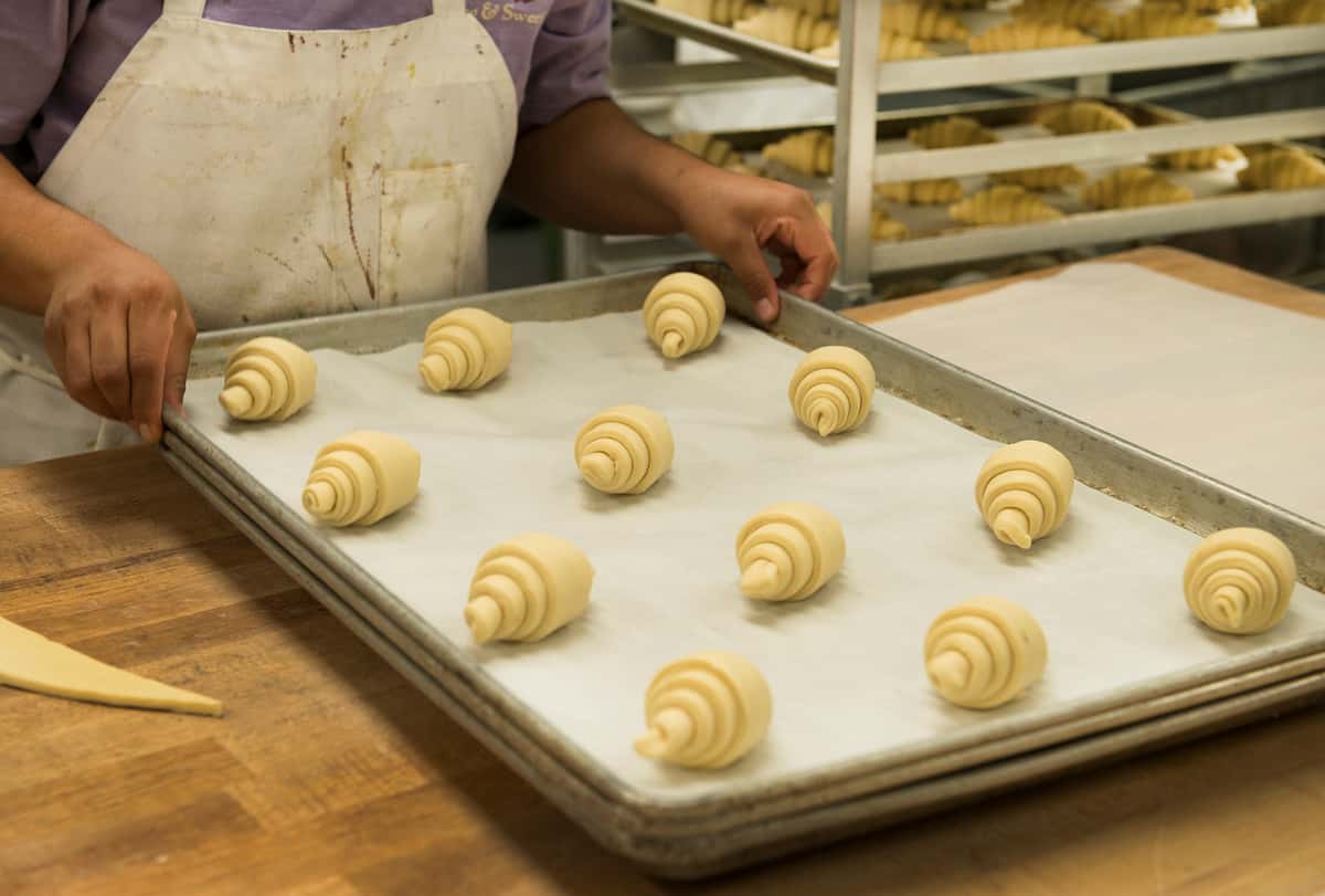 Croissants on a baking sheet ready for the oven