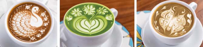 Three photos showing espresso and green tea lattes