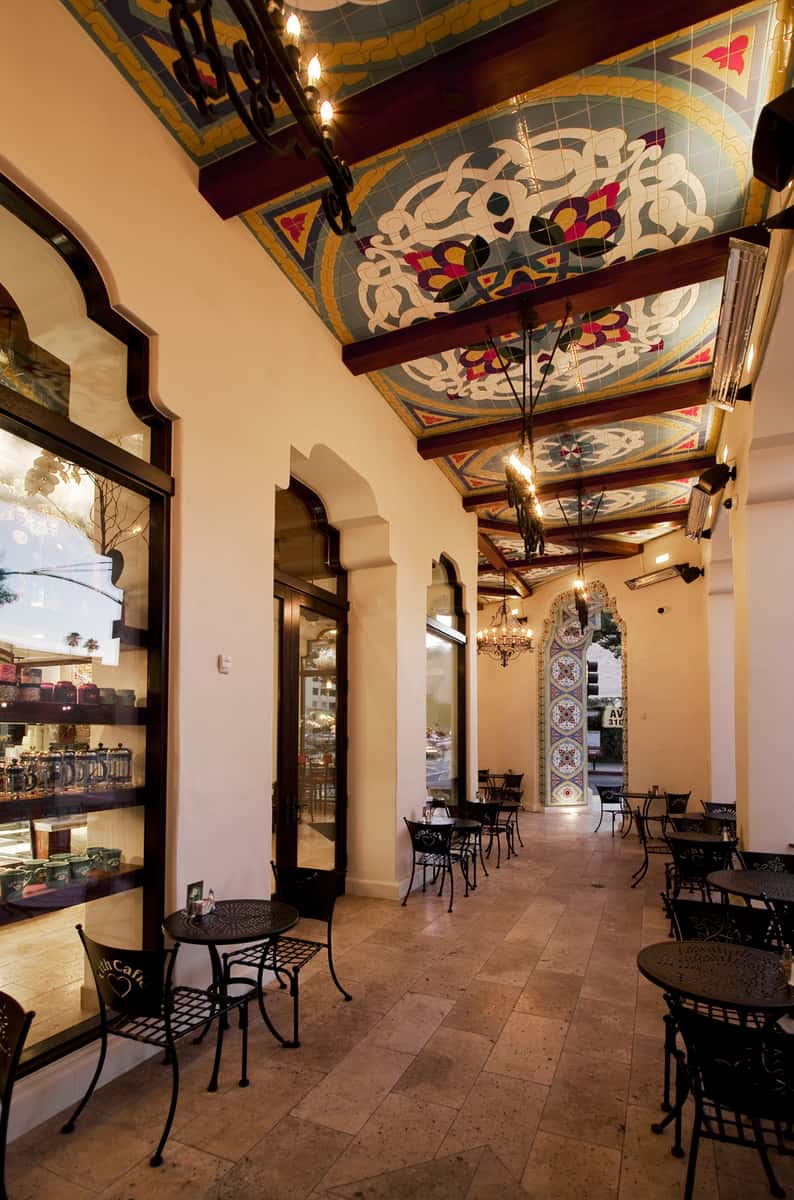 Outdoor patio w/ ceiling tile work at Urth Pasadena