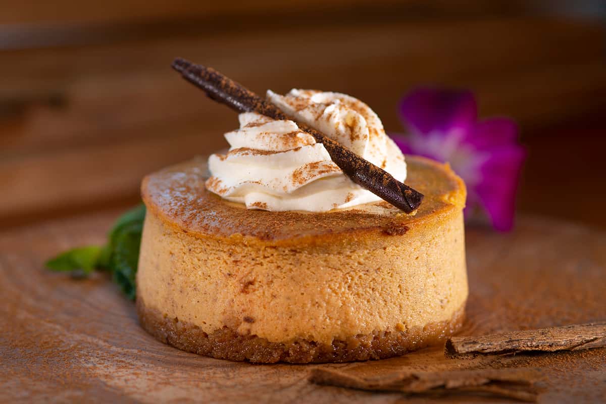 Individual Pumpkin Cheesecake with dollop of whip cream and chocolate spike.