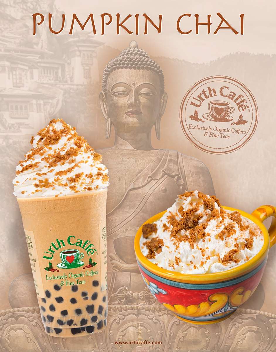 Pumpkin Chai poster showing blended ice drink with boba, left, and hot latte