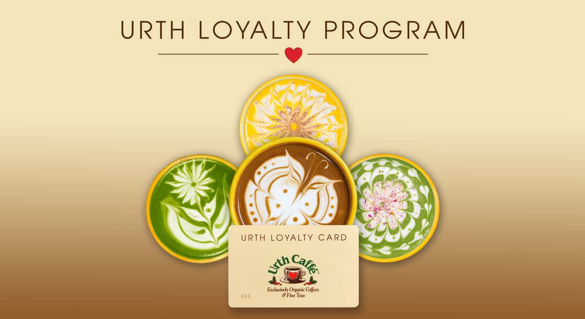 urth loyalty program graphic with four colorful latte designs radiating from behind a tan colored Urth Loyalty card