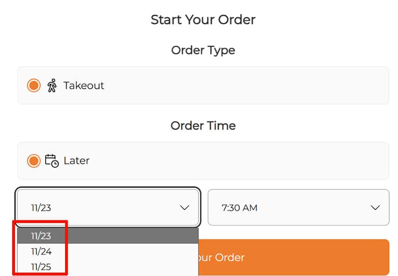 Start Your Order window with November 2026 pick up dates 23, 24 and 25 highlighted with red rectangle outline.