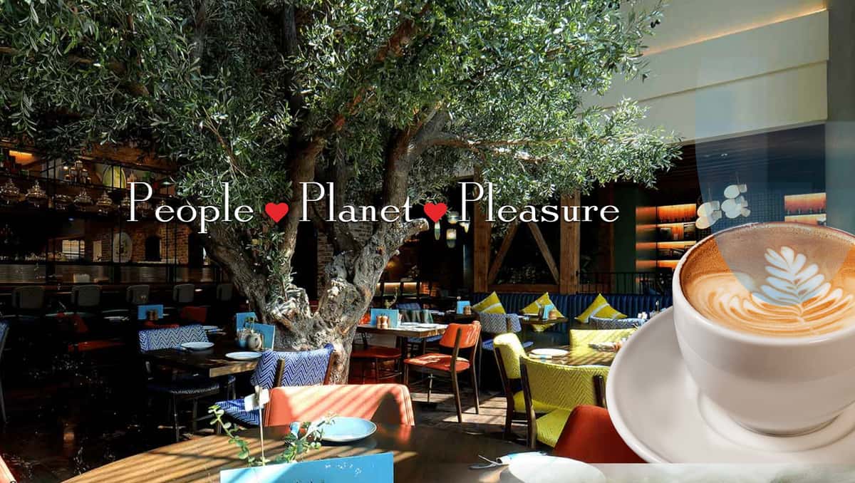 Urth Caffé Saudi Arabia promo - interior of café with caffé latté and "People Planet Pleasure"