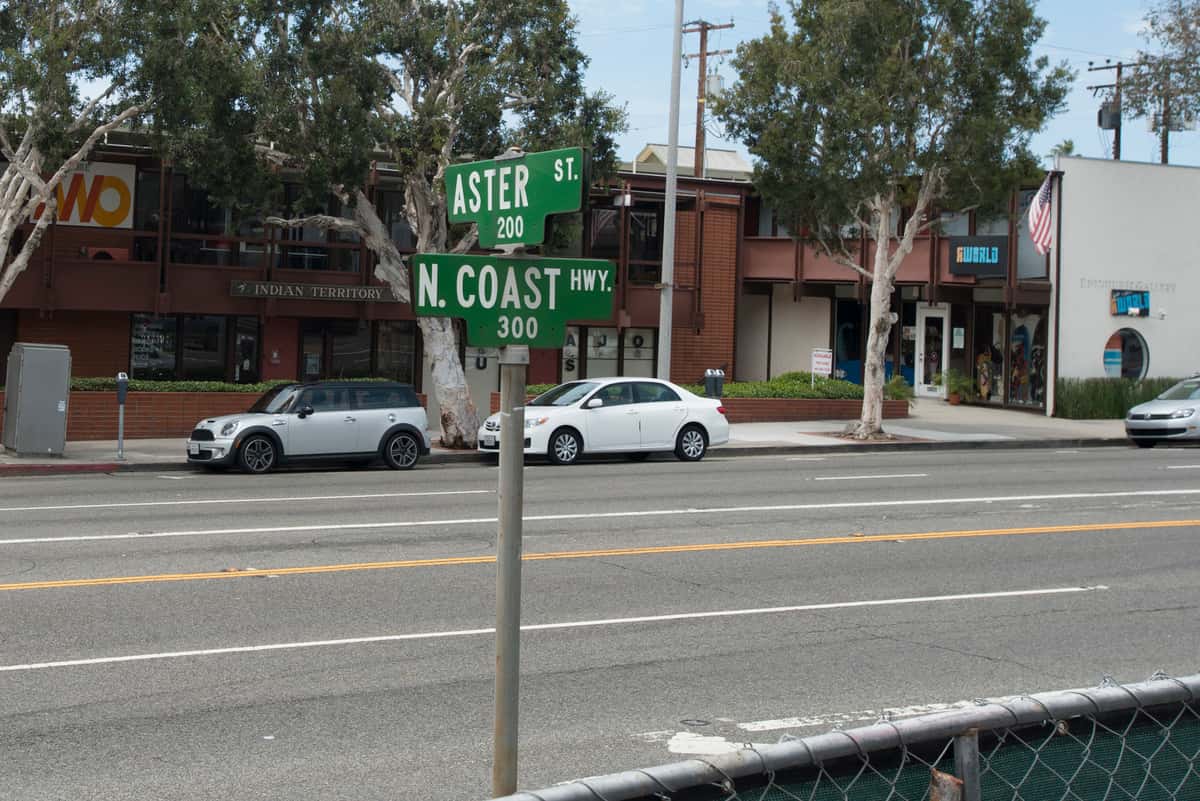 street sign showing corner of Aster St. and N. Coast Hwy.