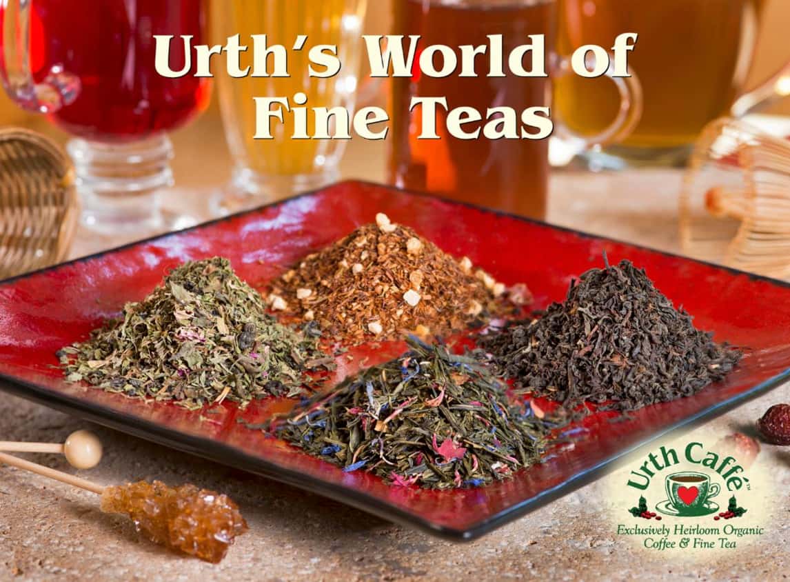 Headline: Urth's World of Fine Teas with a photo of a square red ceramic dish with piles of four different loose leaf teas.