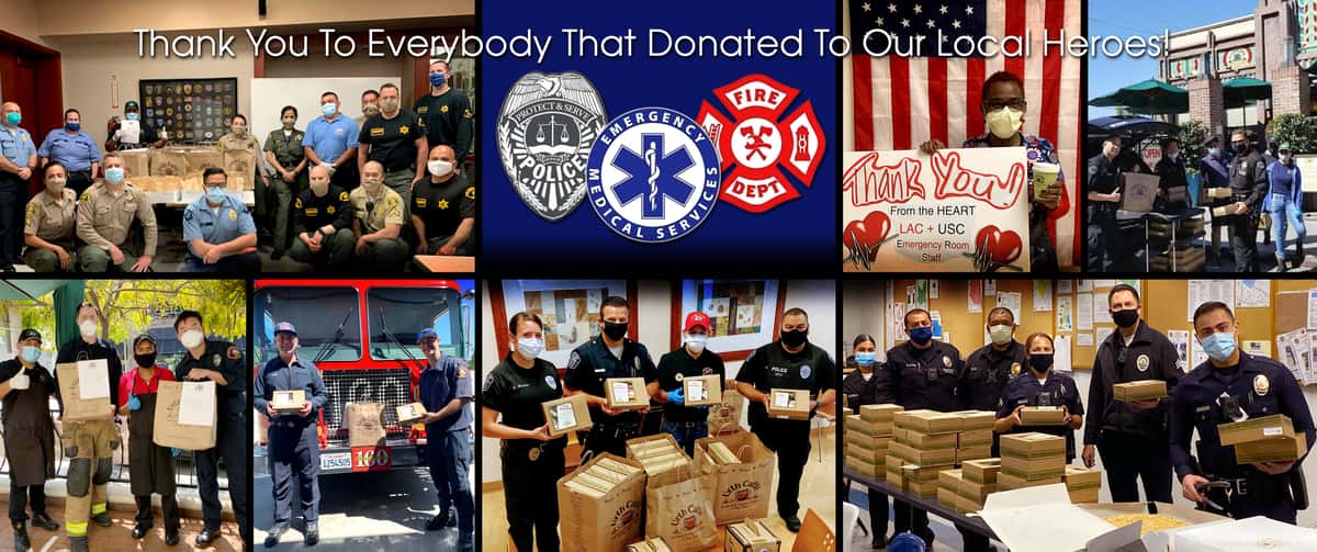 Montage of First Responders with Urth Caffé Lunch boxes and brown paper Food Bags