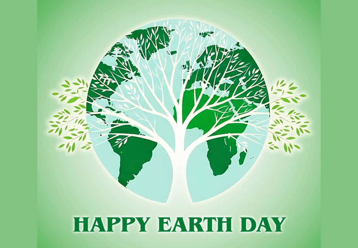 Graphic image of white branching image in front of a green and light blue earth. The rectangular background is a light green with a lighter glow coming from behind the earth. The bottom has the words in green: HAPPY EARTH DAY.
