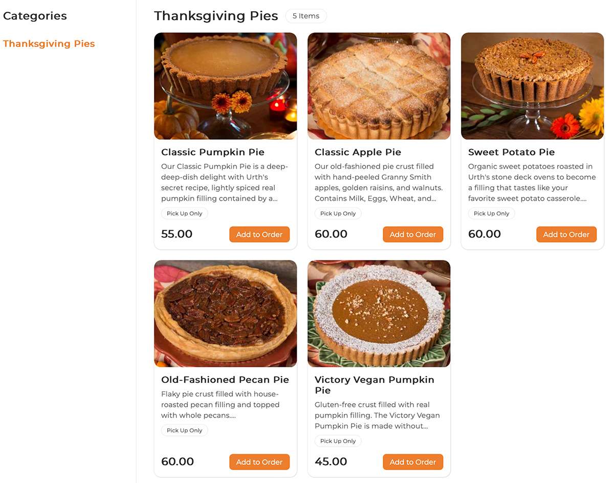 Thanksgiving Pies menu showing photos, descriptions and prices of the 5 pies