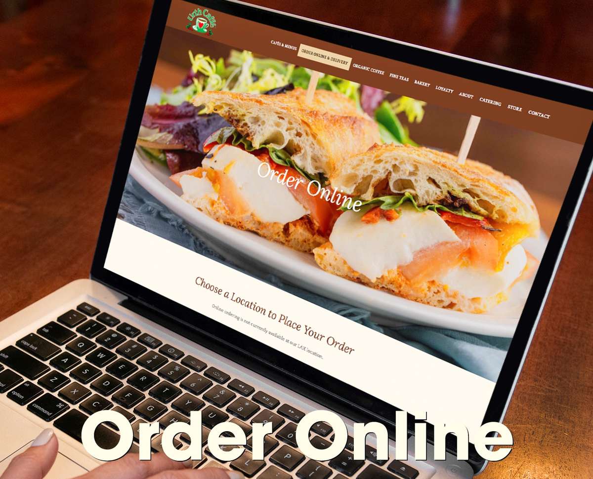 Graphic shows an open laptop with the words "Order Online" printed over it in white letters