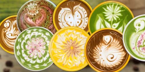 latte art displayed across 6 cups each cup displaying its own graphic art