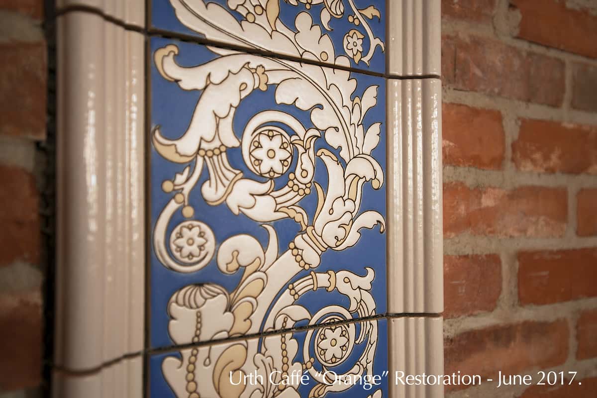 close up of blue and white floral tile