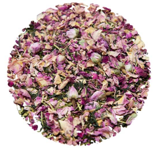 Loose leaf tea with rose petals and green tea leaves