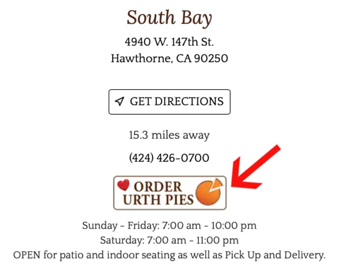 South Bay location card with red arrow pointing to the ORDER URTH PIES button
