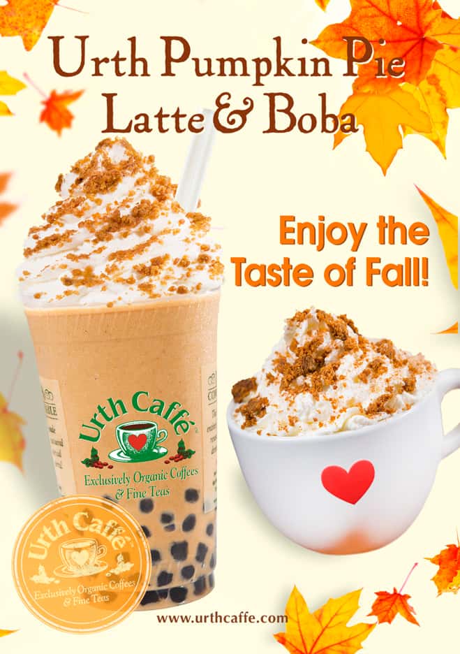 Pumpkin Lattes poster with blended ice version with boba, left, and hot latte on right
