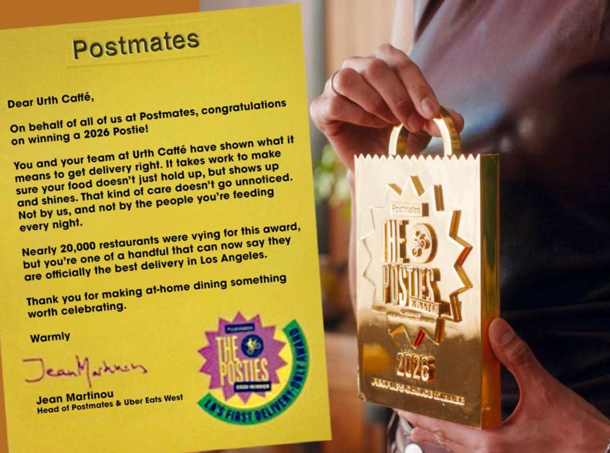 Postmates yellow award letter announcement on the left and on the right a women's hand holding the Postie award which looks like a gold To Go bag with "The Posties Winner" raised lettering.