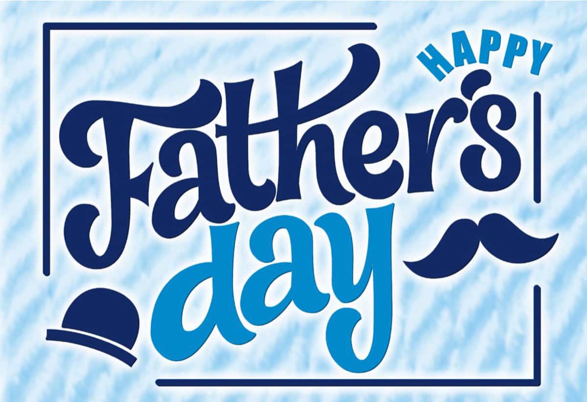 Fun Happy Father's Day text graphic image with a hat and mustache. Background is striped light blues and the type, hat and mustache are darker blues.