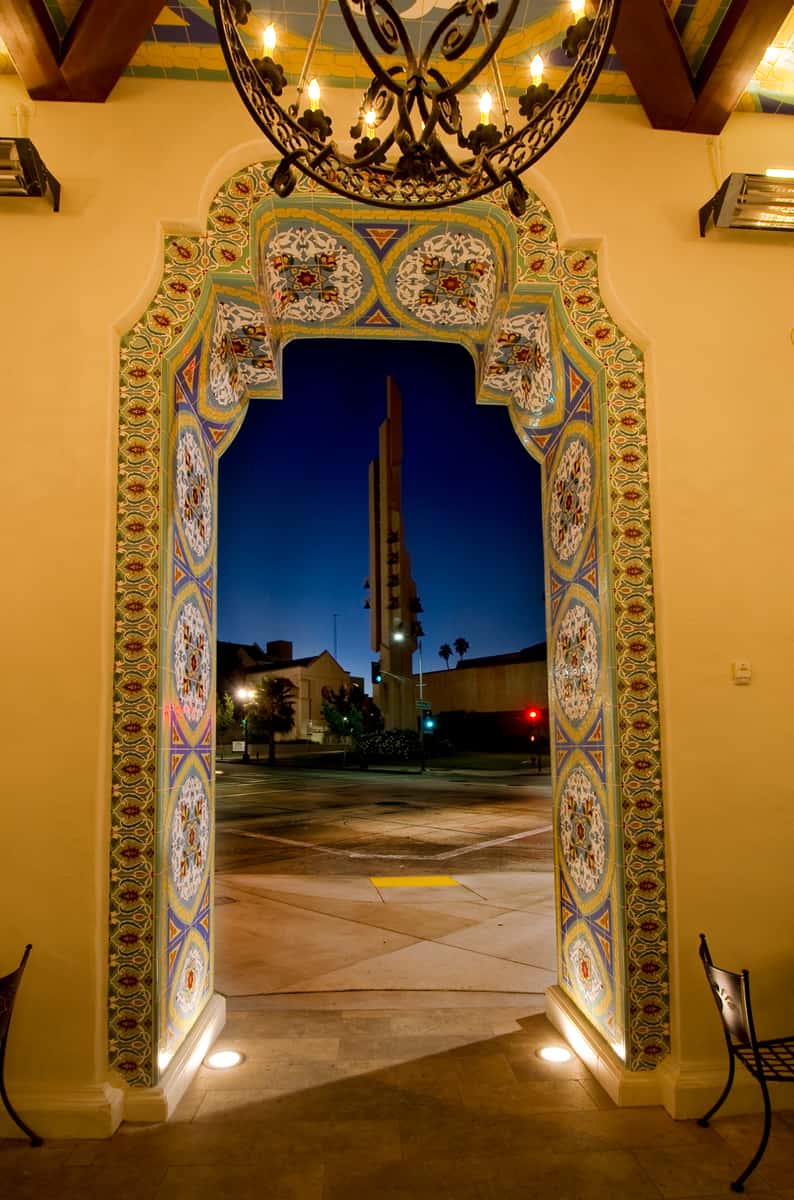 Archway with intricate tile work at Urth Caffe Pasadena